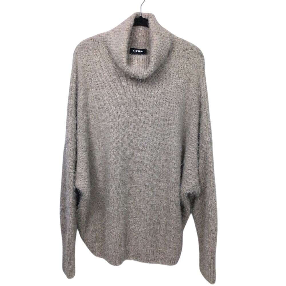 Express Shaggy Alpaca Blend Batwing Tan Minimalist Turtleneck Preppy Sweater L